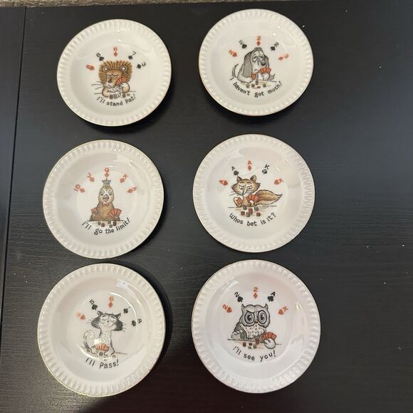 Vtg Set of 6 ARDALT JAPAN MINI PLATES COASTERS 4" Animals Drinking Playing Poker - Picture 1 of 9